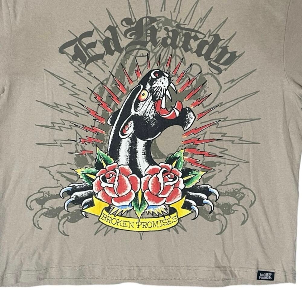 Ed Hardy x Broken Promises Love Scars Beige T-Shirt Size XL Cyber Y2K Tattoocore - Picture 8 of 13